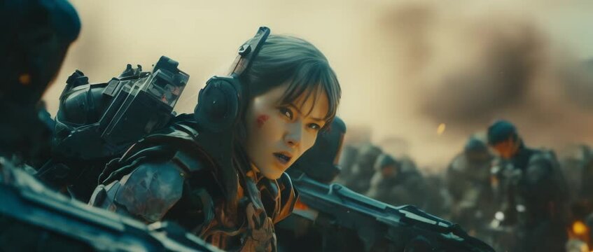 CU portrait of female military in futuristic outfit fighting holding sci-fi weapon. Battle in ruined city. Futuristic war concept. Selective focus.