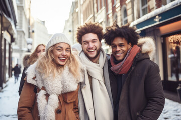 Multi-racial group of young friends, walking in a city during winter time snow streets