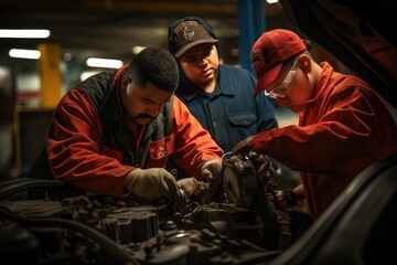  A group of professional auto mechanics working together on a car
