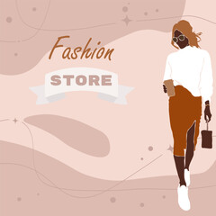 Woman Portrait Fashion Store Poster Banner Instagram Post  On Abstract Background Memphis Style Beige Brown  Dots Lines Beauty Vector Design