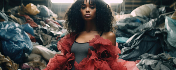 The Hidden Costs of Ultra Fast Fashion - Diverse Models Sitting in a Pile of Trashed Cheap Clothes - fast fashion, woman, model, environmental impact, waste, pollution, garment industry, waste, trash