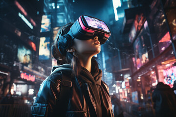 Teenager with VR headset exploring metaverse, playing video game in cyberpunk city made with AI