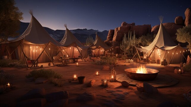 an image of a cozy desert campsite with elegant tents lit by warm campfire light