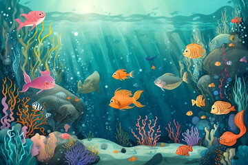 Fototapeta na wymiar whimsical underwater world with marine creatures 