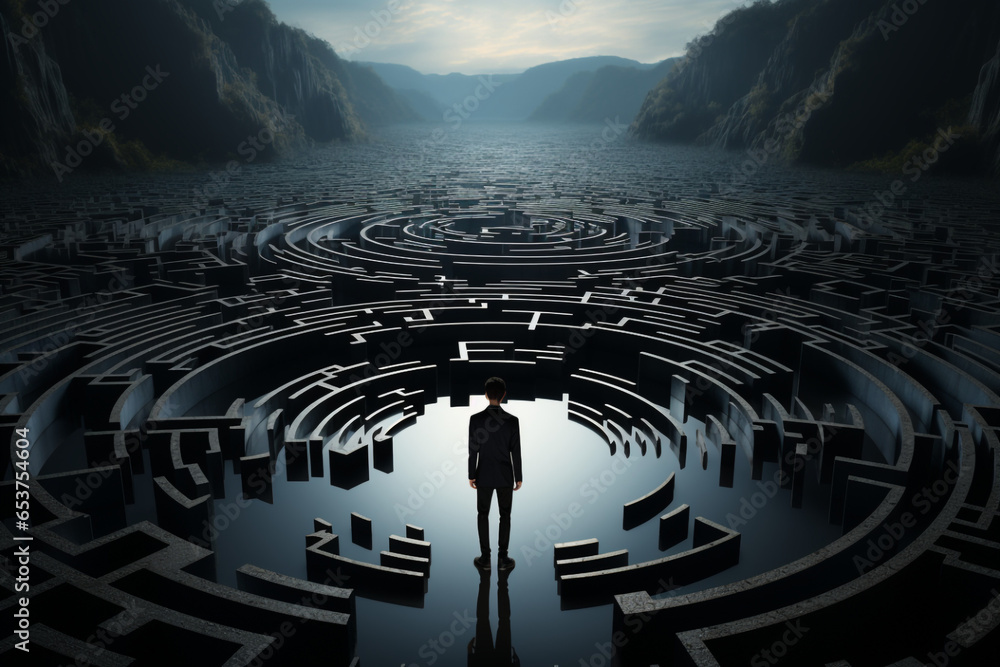 Wall mural man in surreal maze, facing labyrinth challenge, complex problem decision made with ai