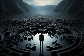 Man in surreal maze, facing labyrinth challenge, complex problem decision made with AI