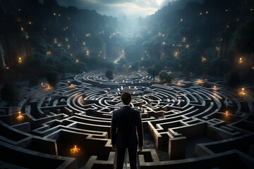 Man in surreal maze, facing labyrinth challenge, complex problem decision made with AI - obrazy, fototapety, plakaty