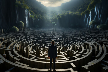 Man in surreal maze, facing labyrinth challenge, complex problem decision made with AI - obrazy, fototapety, plakaty
