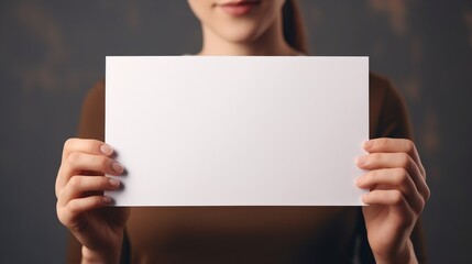A woman holding a white piece of paper. A message, a message, a new idea, an idea, diversity. Blank space for text or logo. Image generated by AI.