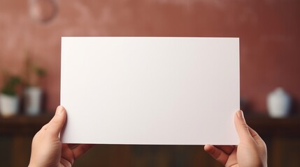 A woman holding a white piece of paper. A message, a message, a new idea, an idea, diversity. Blank space for text or logo. Image generated by AI.