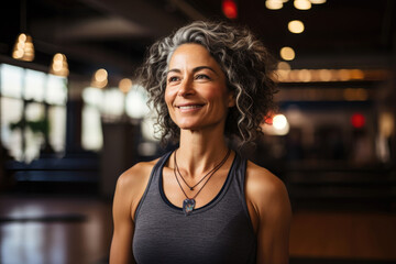 Portrait of smiling woman standing in fitness studio with hands on hips. Generative Ai