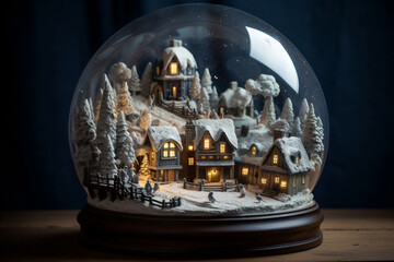 Within an immense, ethereal snow globe, a miniature snow-covered village thrives, inhabited by tiny ice-skating penguins and illuminated by the soft glow of a celestial snow moon.