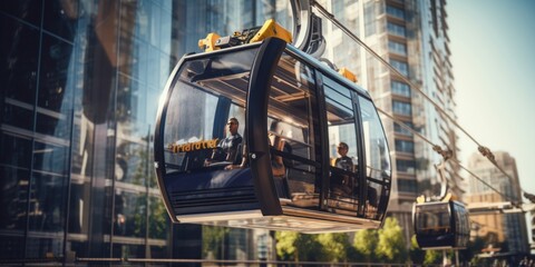 City Soaring: A Modern Cable Car Glides Over a Futuristic Urban Landscape, Surrounded by Skyscrapers, Symbolizing the Cutting-Edge Means of Transport Shaping the Cities of Tomorrow