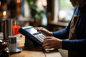 Close-up of a man's hand paying the bill with contactless payment by credit card in a cafe - obrazy, fototapety, plakaty
