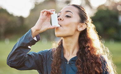 Health, woman and asthma pump outdoor to breathe on sports field in nature for lungs risk or...