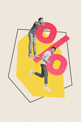 Composite collage image of two funny young male hold big percentage sign big sales black friday bankers trading percentage deposit credit