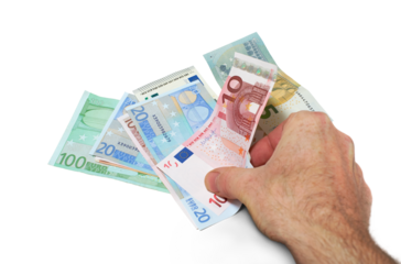A hand holding, counting European Euros in 10, 20, 50 and 100 banknotes, paper currency money, isolated against a transparent background.