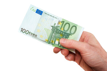 A hand holding, paying or giving a European 100 Euro banknote, paper currency money, isolated against a transparent background.