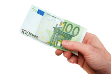A hand holding, paying or giving a European 100 Euro banknote, paper currency money, isolated against a transparent background.