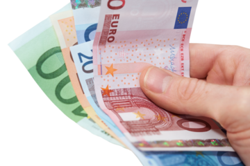 A hand holding, giving or paying in European Euros in 10, 20, 50 and 100 banknotes, paper currency money, isolated against a transparent background.