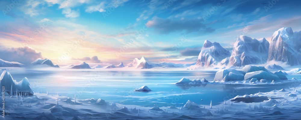 Wall mural Magic christmas frozen ocean with snow scene Generative AI