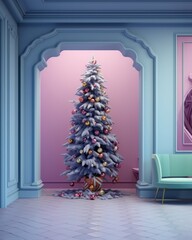 A spruce christmas tree, adorned with twinkling decorations, stands tall in the corner of the room, creating a festive atmosphere that brings joy to the walls and floor