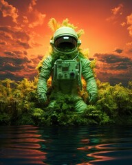 A surreal portrait of an astronaut in a vibrant, neon colored suit surrounded by a dreamy landscape of smoke, clouds, and sky, evoking a sense of adventure and exploration in a wild outdoor setting