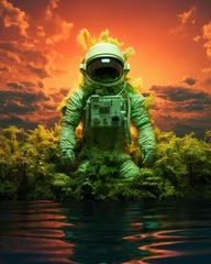 Foto op Plexiglas Baksteen A surreal portrait of an astronaut in a vibrant, neon colored suit surrounded by a dreamy landscape of smoke, clouds, and sky, evoking a sense of adventure and exploration in a wild outdoor setting