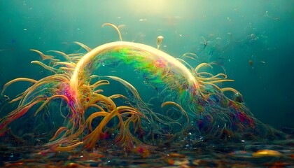alien aquatic sea anemone liquid in reverse gravity flowing creating drops and runs of color abstract oil on water centre composition UE5 under the sea light rays from above rim lighting fish 