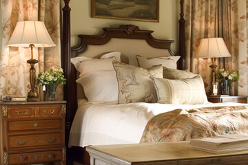 Country bedroom decor, interior design and holiday rental, bed with elegant bedding and antique furniture, English country house and cottage style, generative ai