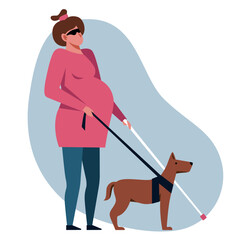 A vector image of a pregnant unseeing woman with a guide-dog. - 653757416
