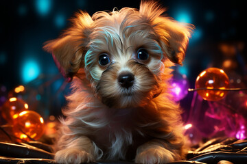 Cute astro dog in neon rainbow color lights over black background made with AI