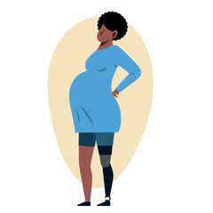 A pregnant black woman with a leg prosthetics. A pregnant amputee vector image. - 653757495
