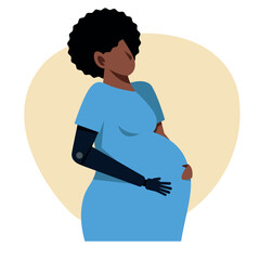 A pregnant black woman with an arm prosthetics. A pregnant amputee vector image. - 653757817