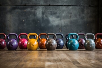 set of kettlebells in varying sizes and colors - obrazy, fototapety, plakaty
