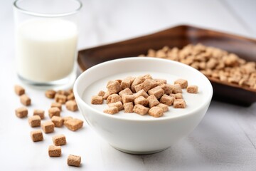 low sugar breakfast cereal in white bowl with soy milk