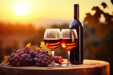 Generative AI Two glasses of red wine stand on a wooden barrel next to a bunch of red grapes and a bottle. Advertising of a winery and a factory. Harvest in autumn or summer at sunset.