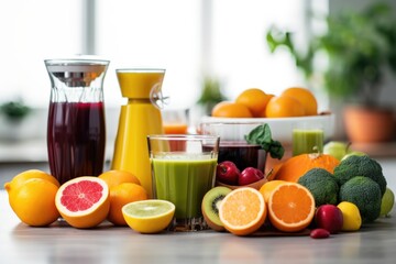 juicer surrounded by fresh fruits on a kitchen counter