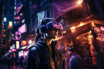 Virtual reality female gamer in futuristic metaverse city made with AI