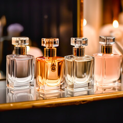 Luxury fragrance bottles at perfume scent at presentation event, bespoke perfumery and beauty product sale, generative ai