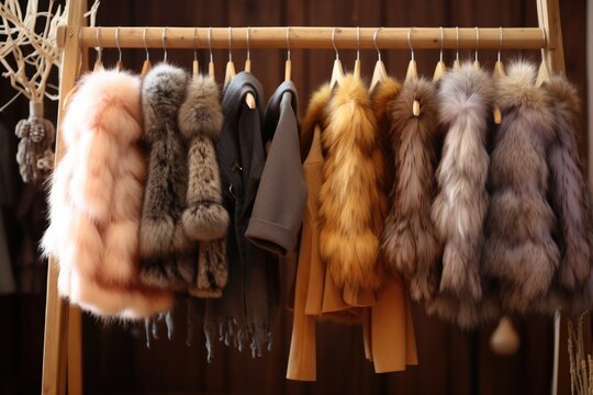 faux fur vests hanging on a wooden rack
