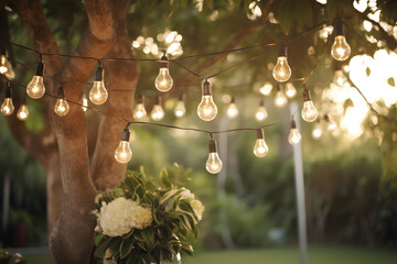 Lichterkette aus Glühbirnen im Garten, Sommer, Hochzeitsfeier, Gartenparty, erstellt mit generativer KI - 653758220
