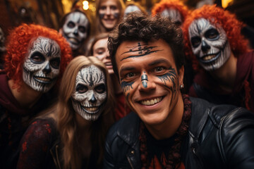 Happy smiling adult people group with scary painted face paint makeup and Halloween costumes take selfie on Friday 13, having fun on Day of the Dead, Dia de los muertos, 31 of October carnival
