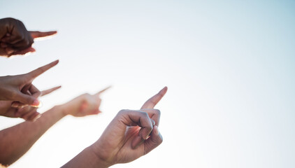Fingers, closeup and pointing to sky mockup, collaboration and direction for climate change. Group of diverse hands, wellness, teamwork and solidarity for message in marketing, advertising or vision - obrazy, fototapety, plakaty