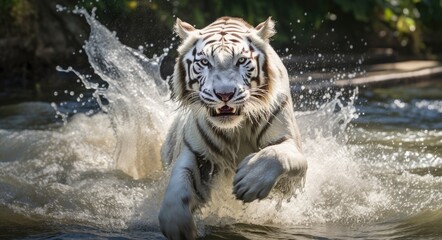 Fototapeta na wymiar white tiger in the waters of a river brook in the forest, created with AI