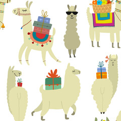 Cute alpaca character. Funny llamas family with luggage. Seamless pattern for your design