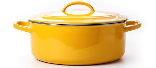 Isolated white enamel cooking pot low and yellow