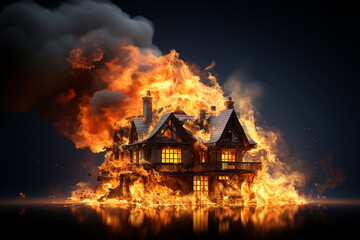 Property insurance protection, security protect, real estate from damage accidents, unexpected disaster, impending loss. House building burning, on fire dark black background - obrazy, fototapety, plakaty