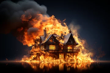 Tuinposter Property insurance protection, security protect, real estate from damage accidents, unexpected disaster, impending loss. House building burning, on fire dark black background © Valeriia