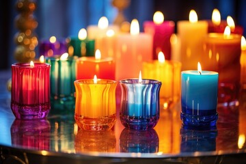 an array of colorful holiday candles on a glass tabletop